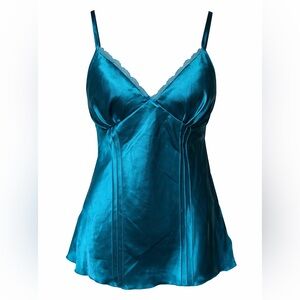 Self Esteem Teal Satin Cami Y2K Fairycore Coquette Lace Trim Babydoll Tank- L